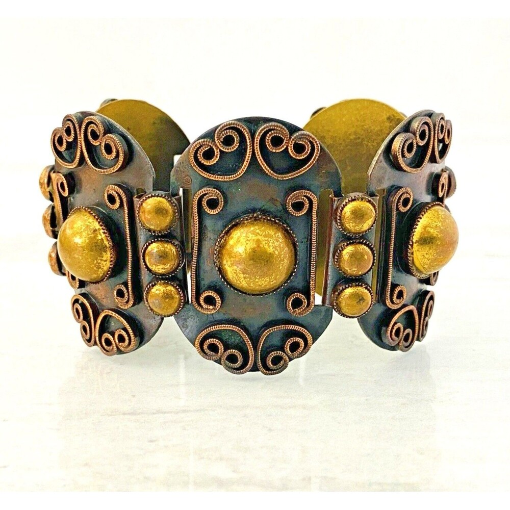 Vintage Modernist Copper Brass Panel Link Bracelet Artisan Wide 1960s A striking